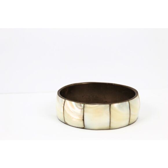 Vintage Jewelry - Vintage Bangle Mother of Pearl Bracelet Wide Brass